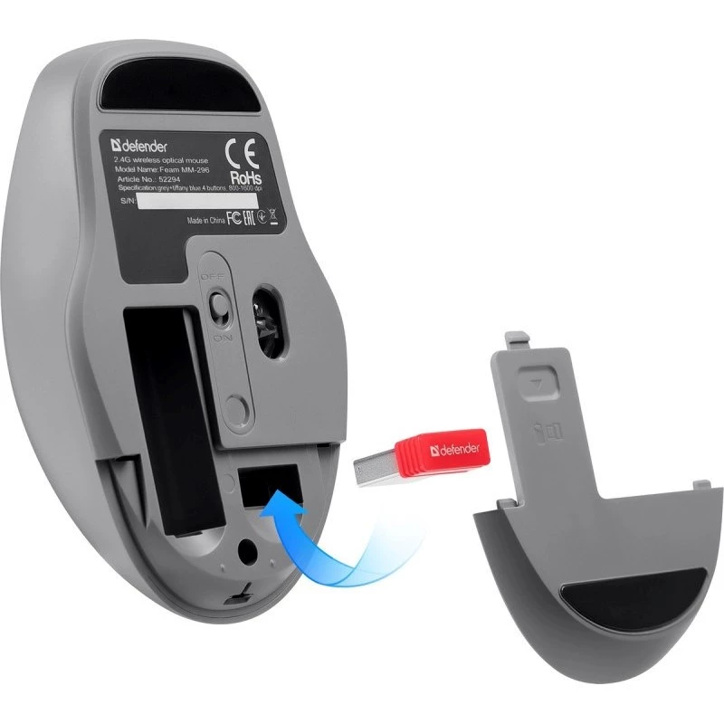 Defender Feam MM-296 52294 belaidė optinė pelė, tylus spragtelėjimas, 1600 DPI, USB, mėtinės spalvos