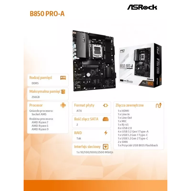 ASRock B850 Pro-A ATX pagrindinė plokštė AM5 lizdui