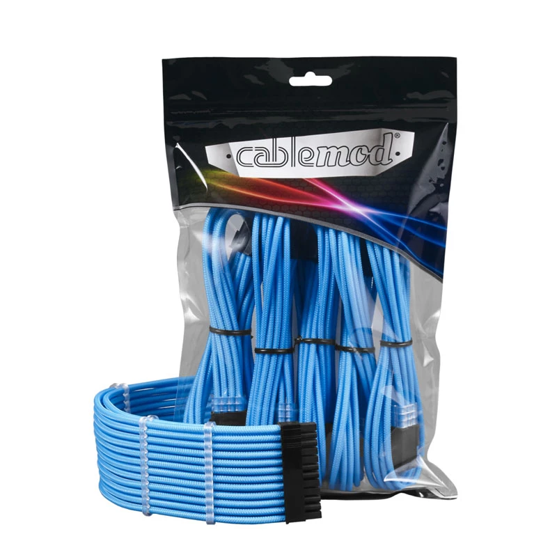 CableMod PRO ModMesh 12VHPWR kabelių prailginimo rinkinys — šviesiai mėlyna, 3 vnt. GPU 12+4 kontaktų prailginimai