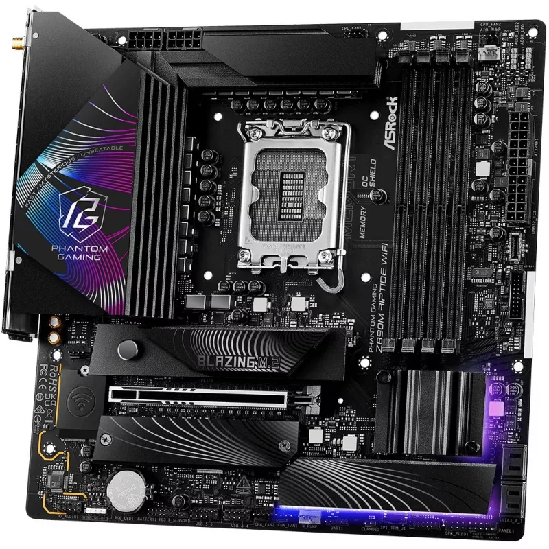 Motininė plokštė ASRock Phantom Gaming Z890M Riptide WiFi — Intel Z890, LGA1851, microATX, DDR5, 4x DIMM, 256GB, Wi‑Fi 6E, 2.5Gb LAN
