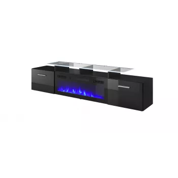 TV spintelė Cama Meble ROVA su elektriniu židiniu, 190x37x48 cm, juoda/juodas blizgesys