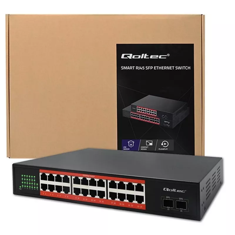 Tinklo jungiklis QOLTEC Gigabit Ethernet PoE 24xRJ45 2xSFP