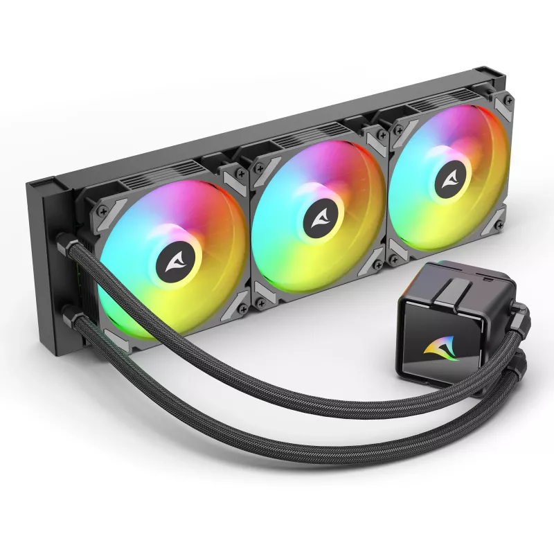 All-in-One Skysčio Aušintuvas CPU Sharkoon S60 ARGB — 360 mm Radiatorius, 3×120 mm PWM Ventiliatoriai, Juodas