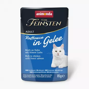 Šlapias kačių ėdalas ANIMONDA Vom Feinsten Adult Raffinesse drebučiuose su vištiena ir lašiša, 85 g paketėlis