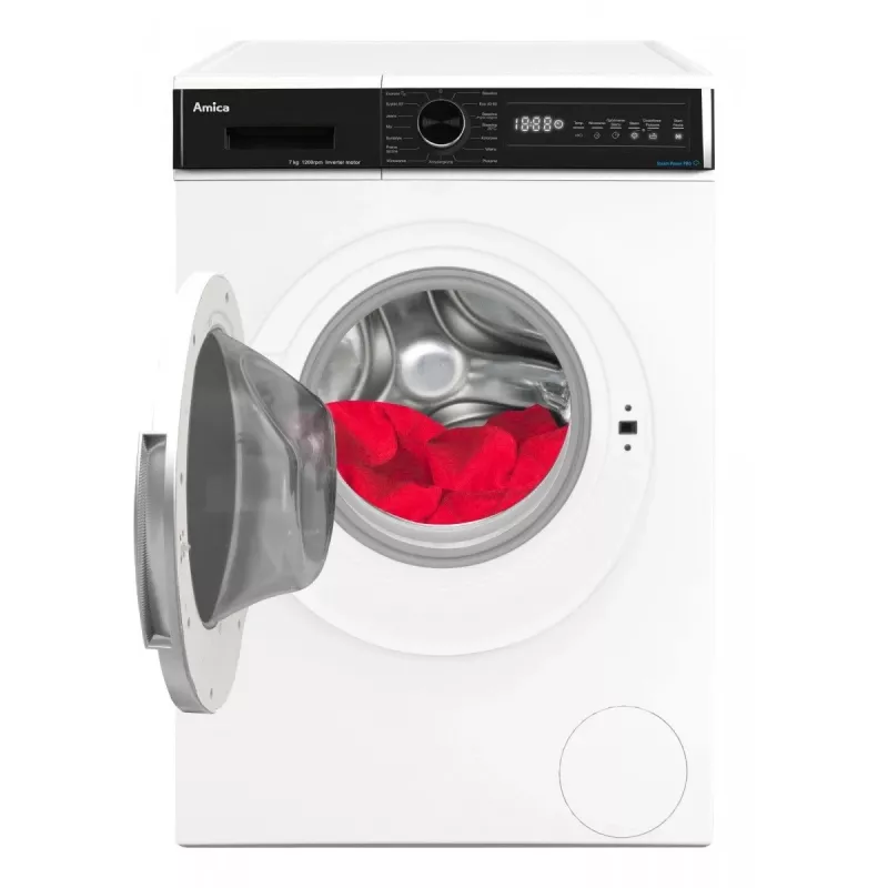 Laisvai pastatoma skalbimo mašina AMICA WA3S712BLiSHB, 7 kg, 1200 aps./min., 2100 W, LED ekranas, juodos spalvos durelės