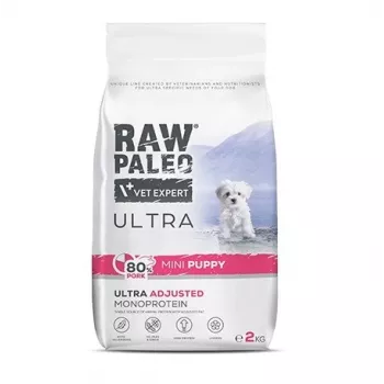Sausas šunų ėdalas VETEXPERT RAW PALEO Ultra Mini Puppy Pork 2 kg – visavertis pašaras žaislinių ir mažų veislių šuniukams, 33% baltymų, 19% riebalų