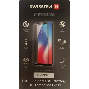 Grūdintas 3D pilno klijavimo apsauginis stiklas SWISSTEN, skirtas iPhone 11 Pro — juodas
