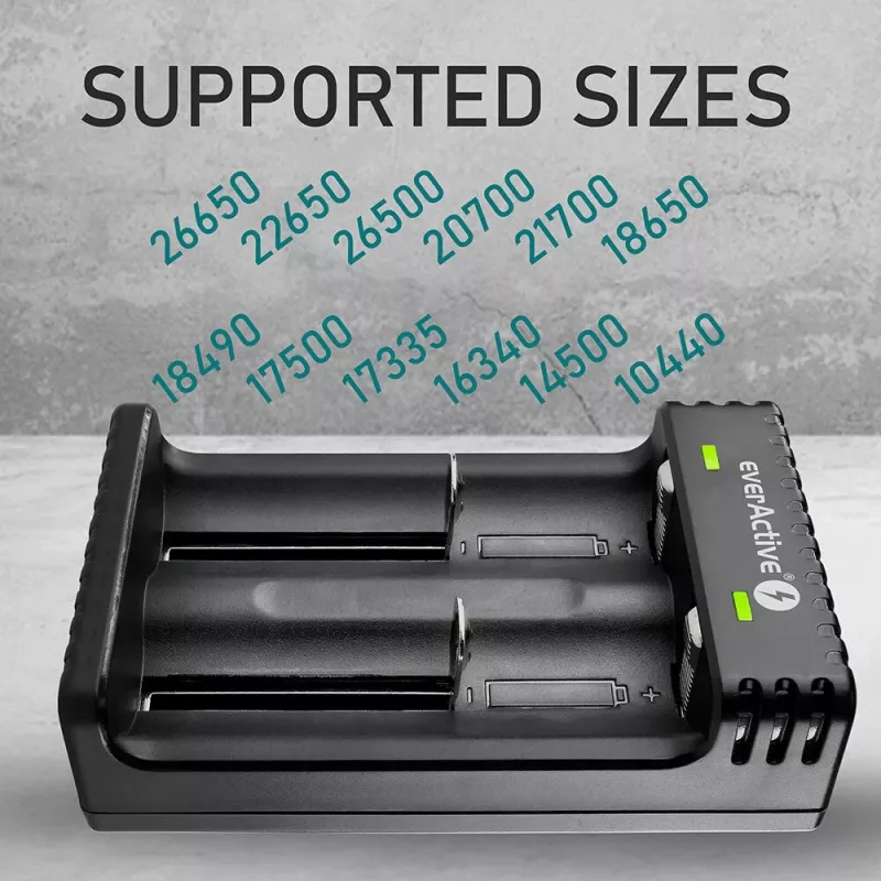 Įkroviklis baterijoms everActive LC200, USB, 2 lizdai, Li-Ion, AA/AAA/AAAA/C/D, 5 V įėjimas, 4,2 V išėjimas, juodas