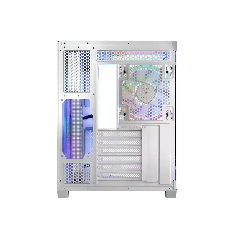 Korpusas MODECOM Volcano Panorama Midi Tower baltas – micro ATX, grūdintas stiklas, ARGB, USB-C, palaiko GPU iki 400 mm