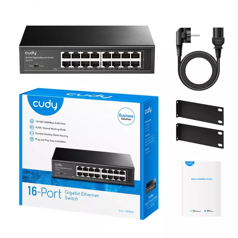 Tinklo jungiklis Cudy GS1016 — 16 prievadų Gigabit Ethernet (10/100/1000), 32 Gbit/s perjungimas, montuojamas stelaže, maitinamas kintamąja srove