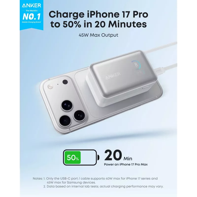 Power bank Anker A1638 10000 mAh, 45 W bendra galia, baltas, su įmontuotu ištraukiamu USB-C laidu