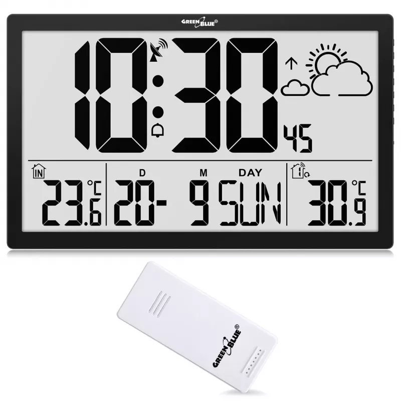 Sieninis laikrodis GreenBlue GB218 – itin didelis LCD, orų stotis, vidaus/lauko temperatūra, datos rodymas