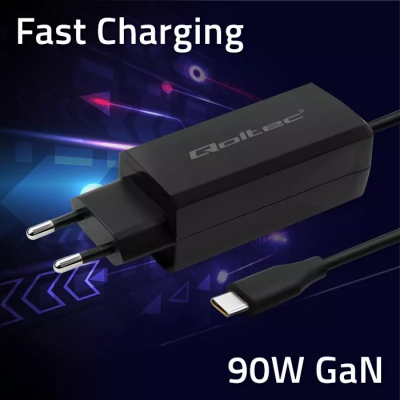 Įkroviklis GaN 90W QOLTEC 52420 USB-C PD 5–20V 3A/4.5A, 220–240V, 1,8 m laidas, juodas