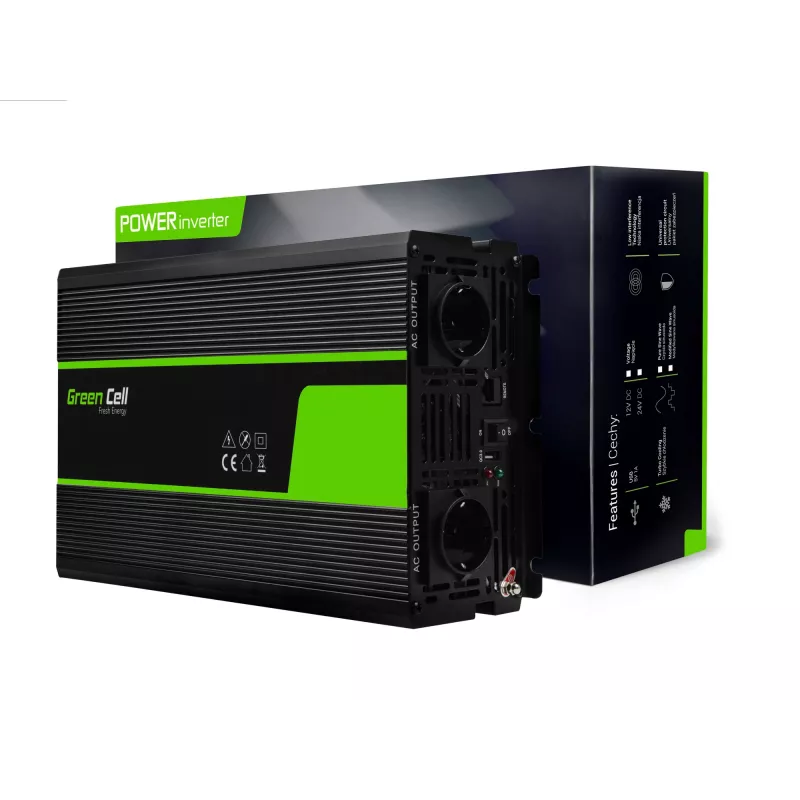 Automobilinis keitiklis Green Cell INV22 — 1500 W, 12 V DC į 230 V AC, 50 Hz, LED, aktyvus aušinimas, juodas