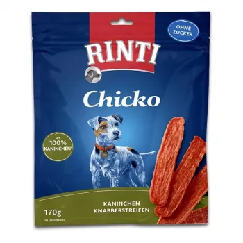 Šunų skanėstai RINTI Chicko Rabbit 170 g – hipoalerginiai triušienos skonio dresūros skanėstai, baltymai 53%, riebalai 8%