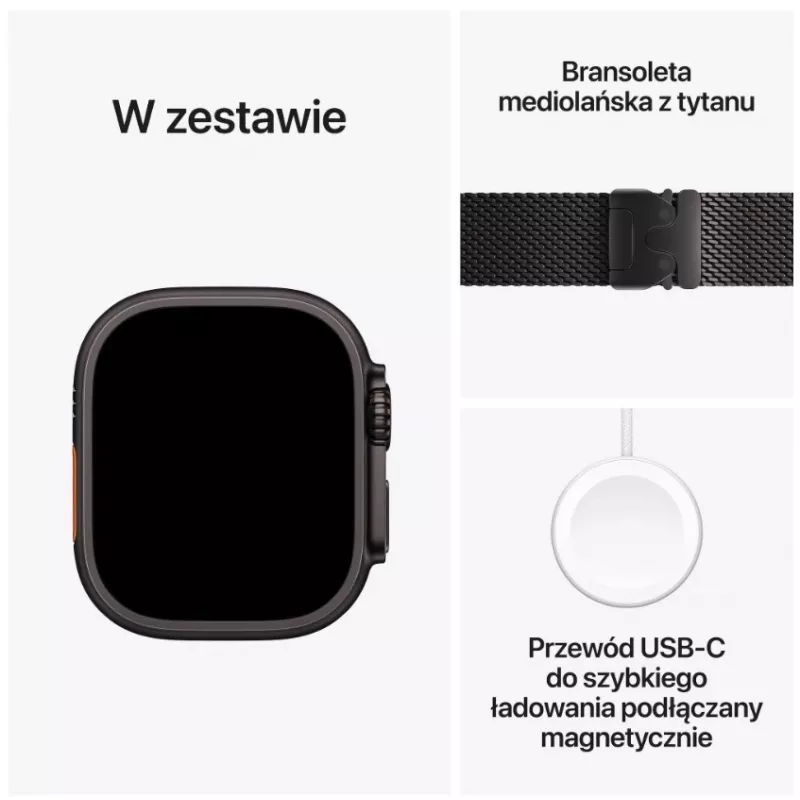 Išmanusis laikrodis Apple Watch Ultra 3 GPS + Cellular 49mm Titaninis korpusas juodos spalvos su juodu titaniniu Milanese apyranke, vidutinio dydžio