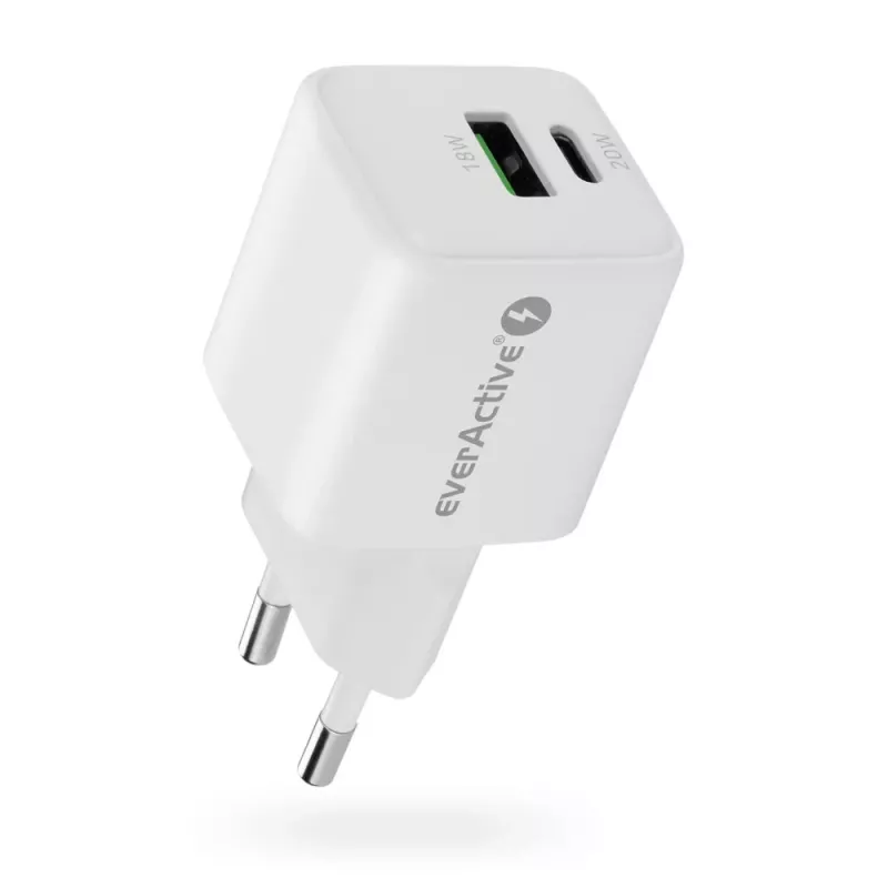 Sieninis įkroviklis everActive SC-330Q su 1x USB-A ir 1x USB-C prievadais, 20 W, baltas