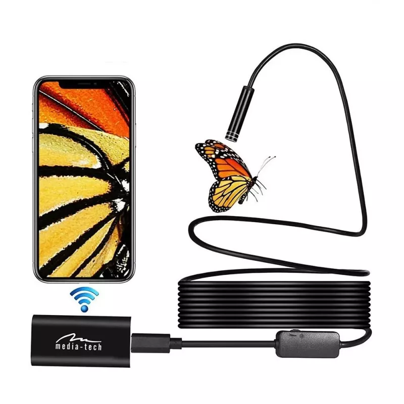 WiFi endoskopas MEDIA-TECH MT4099, 8 mm zondas, 5 m laidas, IP67, 1280×720@30fps, 70° žiūrėjimo kampas, 800 mAh baterija