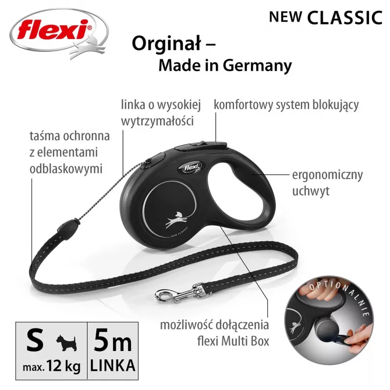 Flexi New CLASSIC 5 m Juodas šuns ištraukiamas pavadėlis
