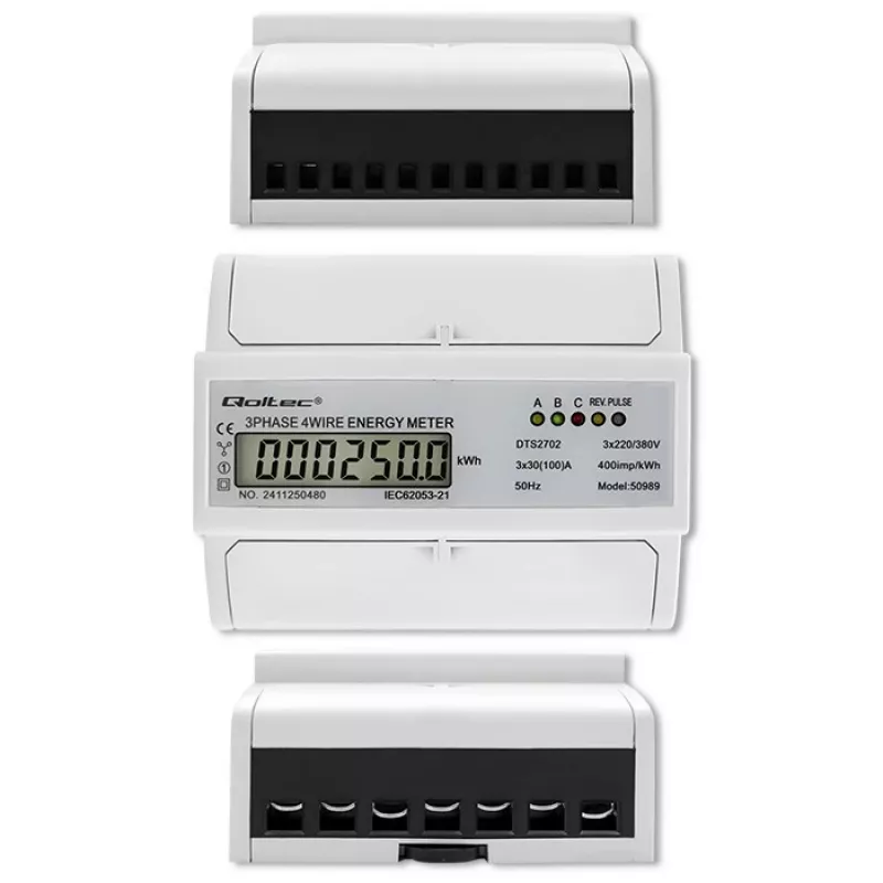 Qoltec trifazis dviejų krypčių skaitiklis | DIN bėgio energijos suvartojimo matuoklis | 400V | 100A | LCD | 4P