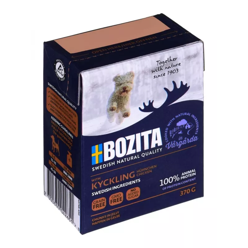 Šlapias šunų ėdalas BOZITA WITH CHICKEN – Gabaliukai drebučiuose, 370 g, suaugusiems šunims, be glitimo ir sojos