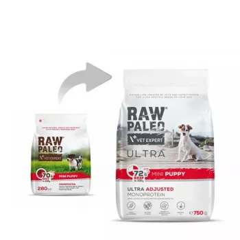 Sausas šunų maistas VETEXPERT RAW PALEO Ultra Mini Puppy Beef 750 g – be grūdų, 30,5% baltymų, 16,5% riebalų mažoms veislėms (5–10 kg)