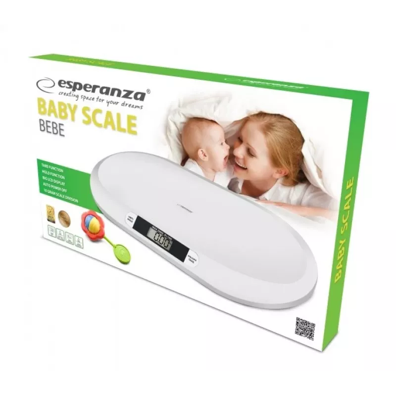 Elektrinės kūdikių svarstyklės ESPERANZA EBS019 – talpa 0,03–20 kg, padala 0,01 kg, didelis LCD ekranas 60×25 mm, balta
