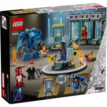 LEGO Marvel Geležinio žmogaus laboratorija su šarvų sale 76315 — 384 dalys, 5 minifigūrėlės, demonstracinė zona