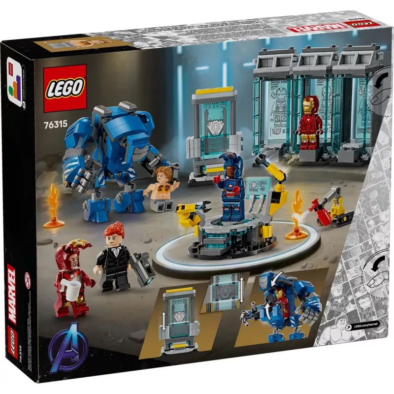 LEGO Marvel Geležinio žmogaus laboratorija su šarvų sale 76315 — 384 dalys, 5 minifigūrėlės, demonstracinė zona