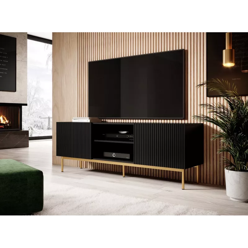 TV spintelė Cama PAFOS ant auksinio plieninio rėmo 150x40x60 cm matinė juoda, medžio drožlių plokštės viršus