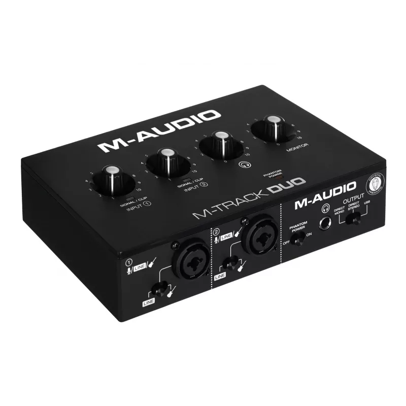 Garso sąsaja M-Audio M-Track Duo USB 2-in/2-out, 16 bitų / 48 kHz, 1x XLR/TS kombinuotas, 1x instrumentinis įėjimas, fantominis maitinimas 48 V