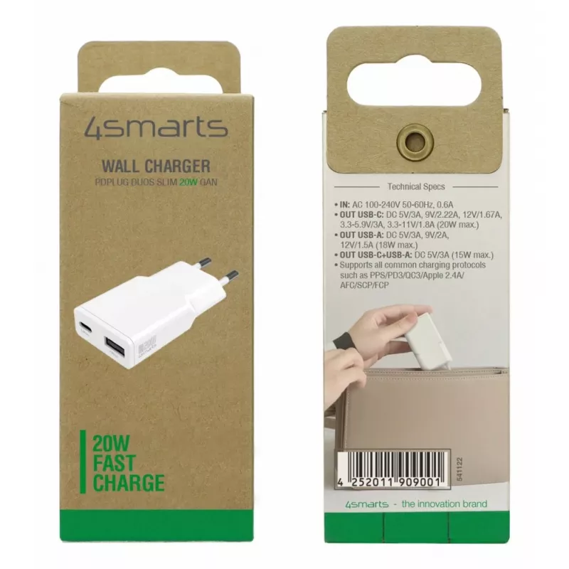 4smarts 541122 Įkroviklis AC greitasis išmaniesiems telefonams ir planšetėms 20 W USB Type-C baltas