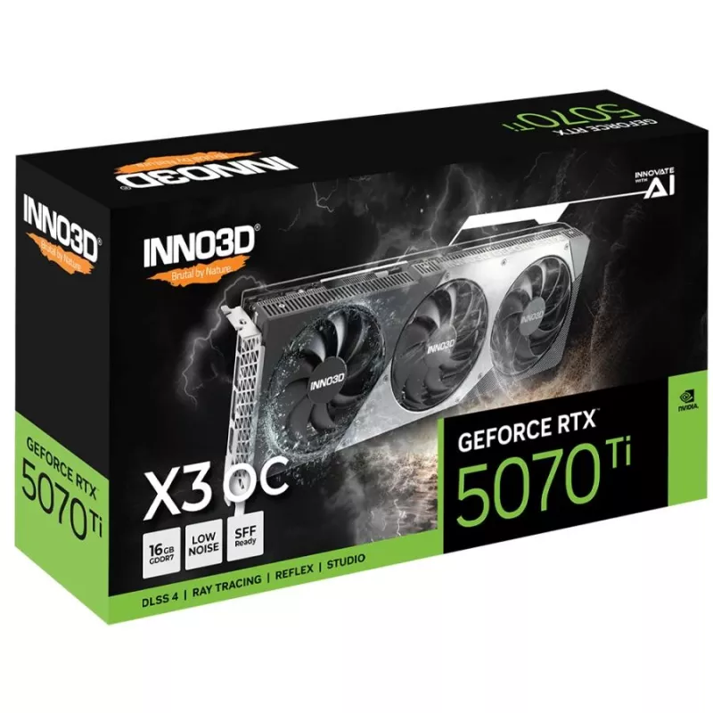 Vaizdo plokštė Inno3D GeForce RTX 5070 Ti — 16 GB GDDR7, PCIe 5.0, 256 bitų, 3x DisplayPort 2.1b + HDMI 2.1b