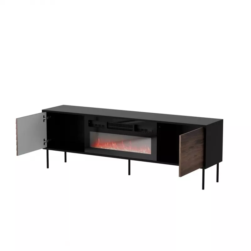 Spintelė televizoriui Cama Meble CORTINA 180x40x60 cm juoda/riešutas su juodu elektriniu židiniu
