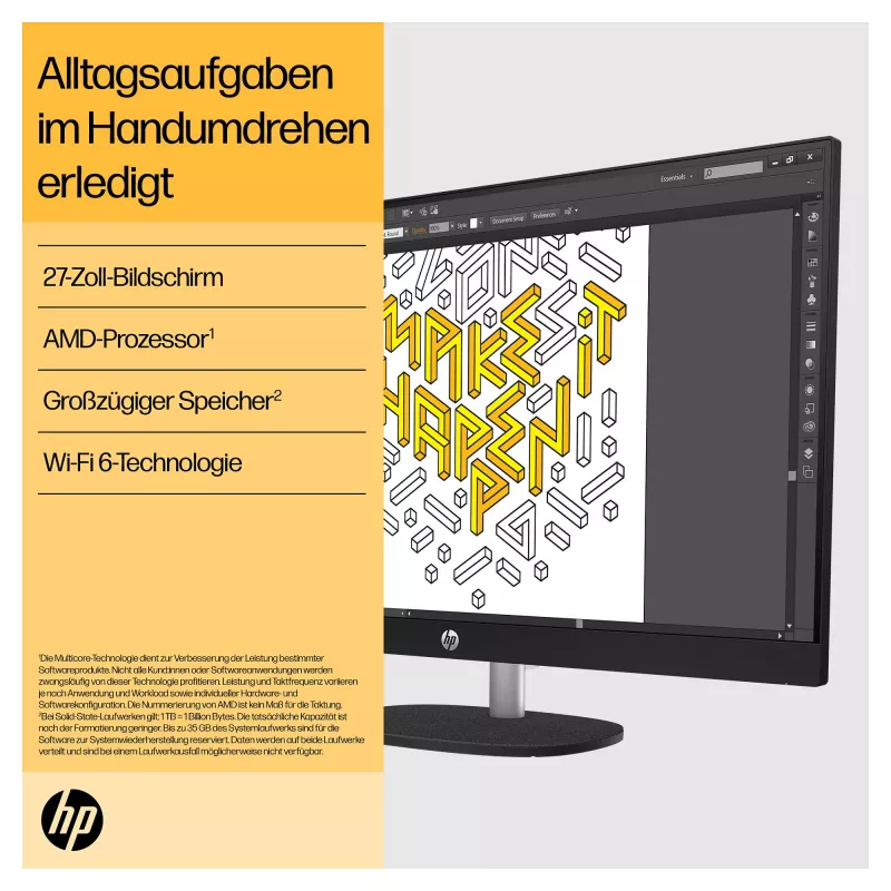 HP 27-cr0471ng All-in-One - Ryzen 7 7730U - RAM 16 GB - SSD 512 GB - NVMe - Radeon Graphics - 1GbE, Wi-Fi 6, Bluetooth