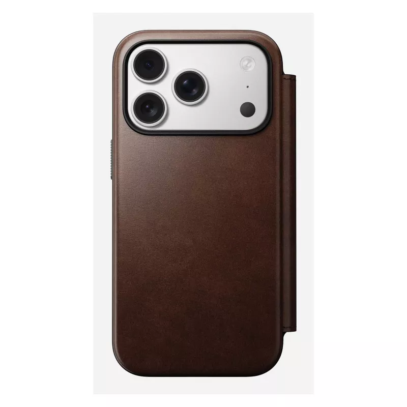 Mobilaus telefono dėklas Nomad Modern Leather Folio, skirtas iPhone 17 Pro, oda/aliuminis, 16 cm (6,3 inch), rudas, 4 kortelių kišenės