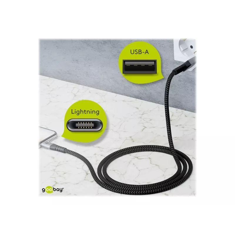 USB-A į Lightning laidas GOOBAY 2 m, tekstilinis apvalkalas, 3,3 mm skersmuo, Space Grey/Silver