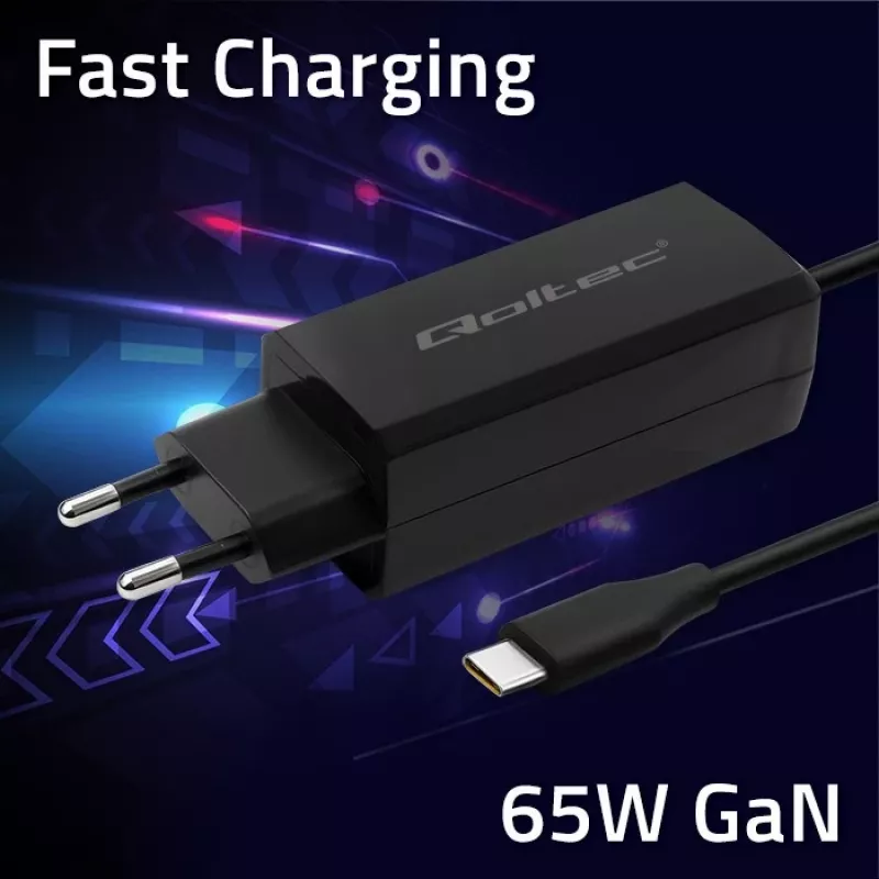 GaN nešiojamojo kompiuterio kroviklis QOLTEC 52419 65 W USB-C PD 5 V/20 V 3 A/3,25 A, 220–240 V, 1,8 m laidas, juodas