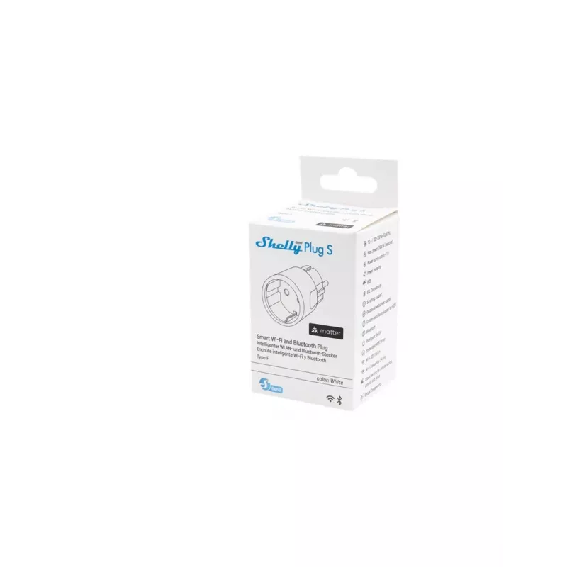 Išmanusis kištukas Shelly Plug S Gen3 — Wi-Fi išmanusis lizdas su energijos stebėjimu, F tipas, 110–230 V, 2500 W, baltas