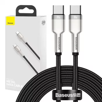 USB-C į USB-C laidas Baseus Cafule Metal — 2 m, 100W įkrovimas, USB 2.0 (480 Mbps), cinkuoti kontaktai, juoda