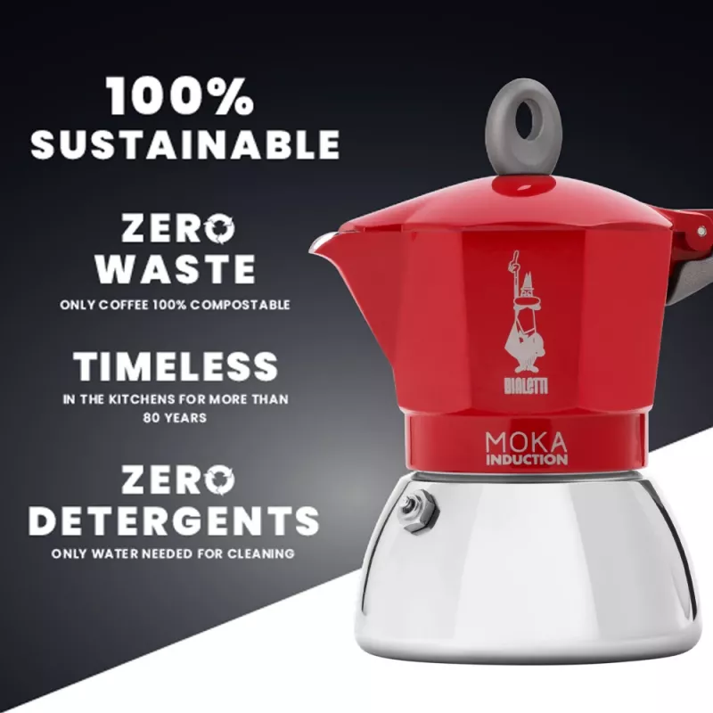 Moka puodas Bialetti Moka Induction 0.1 L raudonas sidabrinis