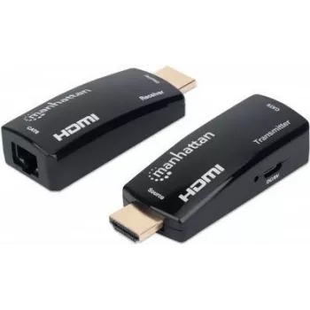 Manhattan 1080p@60Hz kompaktiškas HDMI per Ethernet prailgintuvų rinkinys, signalo atstumas iki 60 m naudojant vieną Cat6 Ethernet kabelį, siųstuvas ir imtuvas įtraukti, maitinimas per kabelį, itin plonas dizainas, trejų metų garantija, juoda