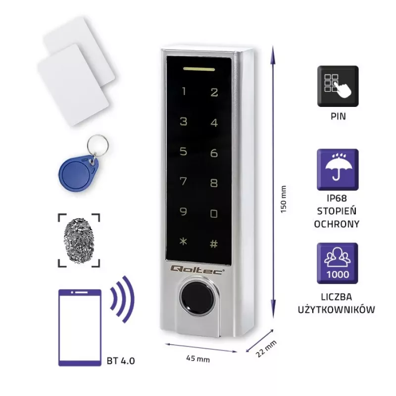 Qoltec 52448 spynų rinkinys TITAN su pirštų atspaudų skaitytuvu | RFID | BT 4.0 | Kodas | Kortelė | Raktų pakabukas | Durų skambutis | IP68 | EM