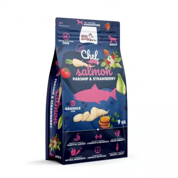SYTA MICHA Chef Salmon, pastarnokas ir braškė – sausas šunų ėdalas 9kg