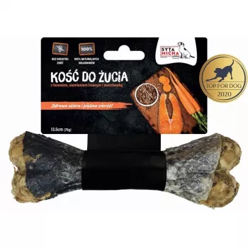 Dantų kramtomasis kaulas SYTA MICHA 13,5 cm – lašišos (žuvies) funkcinis skanėstas suaugusiems šunims, baltymai 90%, riebalai 2,8%