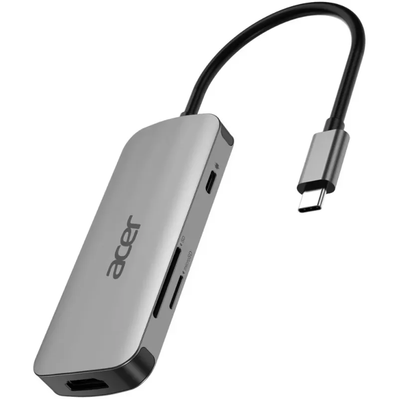 7-in-1 USB-C adapteris Acer — USB 3.2 Gen 1 Type-C, 3x USB-A, HDMI, SD/MicroSD, 100W PD, sidabrinis