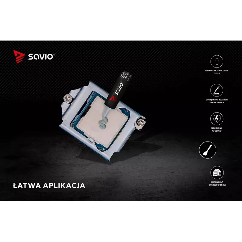 Termopasta SAVIO TG-04 4 g — šilumos laidumas 14.5 W/m·K, darbinė temperatūra nuo -250 iki 300 °C, pilka