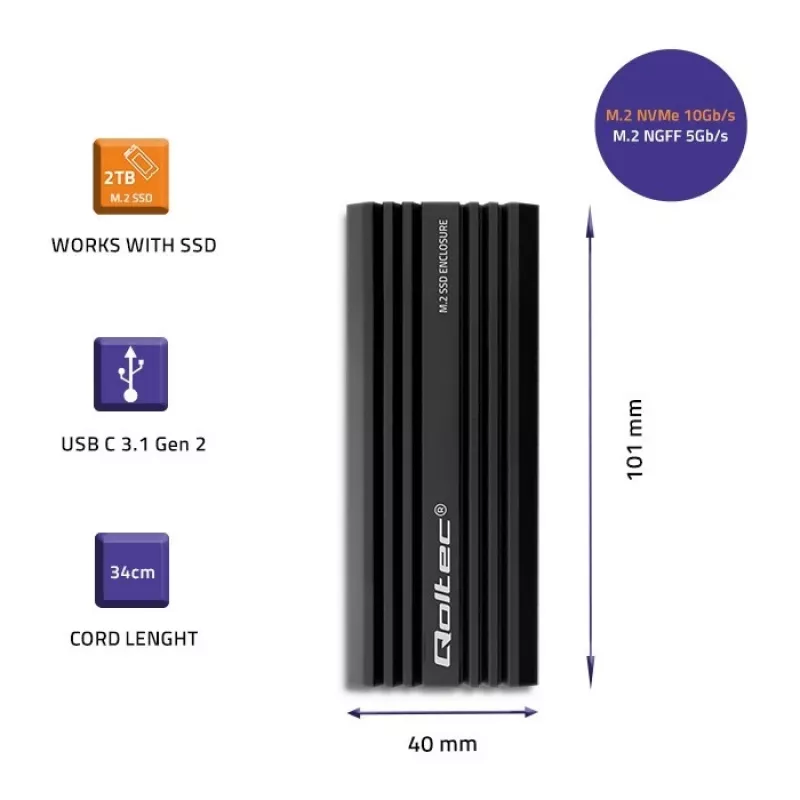 Išorinis SSD korpusas QOLTEC NV2270 M.2 SATA/NVMe diskams, USB-C, iki 2 TB