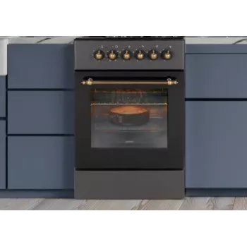 Dujinė-elektrinė viryklė MPM MPM-56-KRM-13, 4 dujinės kaitvietės, elektrinė orkaitė 58 L, mechaniniai rankenėlės, juoda