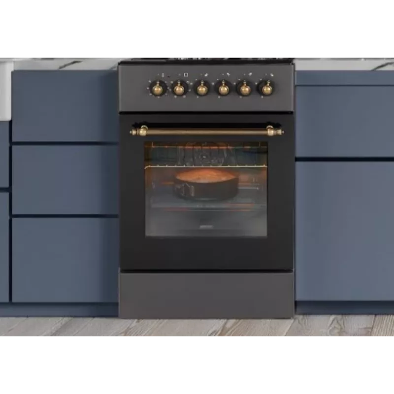 Dujinė-elektrinė viryklė MPM MPM-56-KRM-13, 4 dujinės kaitvietės, elektrinė orkaitė 58 L, mechaniniai rankenėlės, juoda